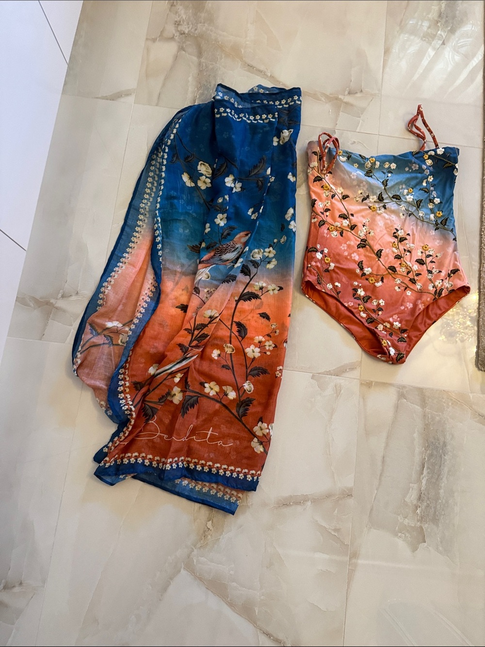 AQUA BENDITA Floral Ombre One-Piece Swimsuit + Matching Sarong - Blue to Coral